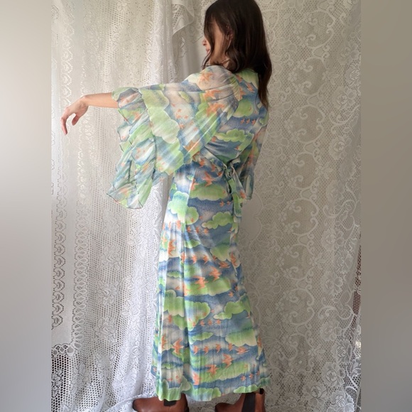 Vintage 70s Bird Print Cloudscape Maxi Dress Boho Flutter Sleeve Empire Waist - Picture 10 of 17